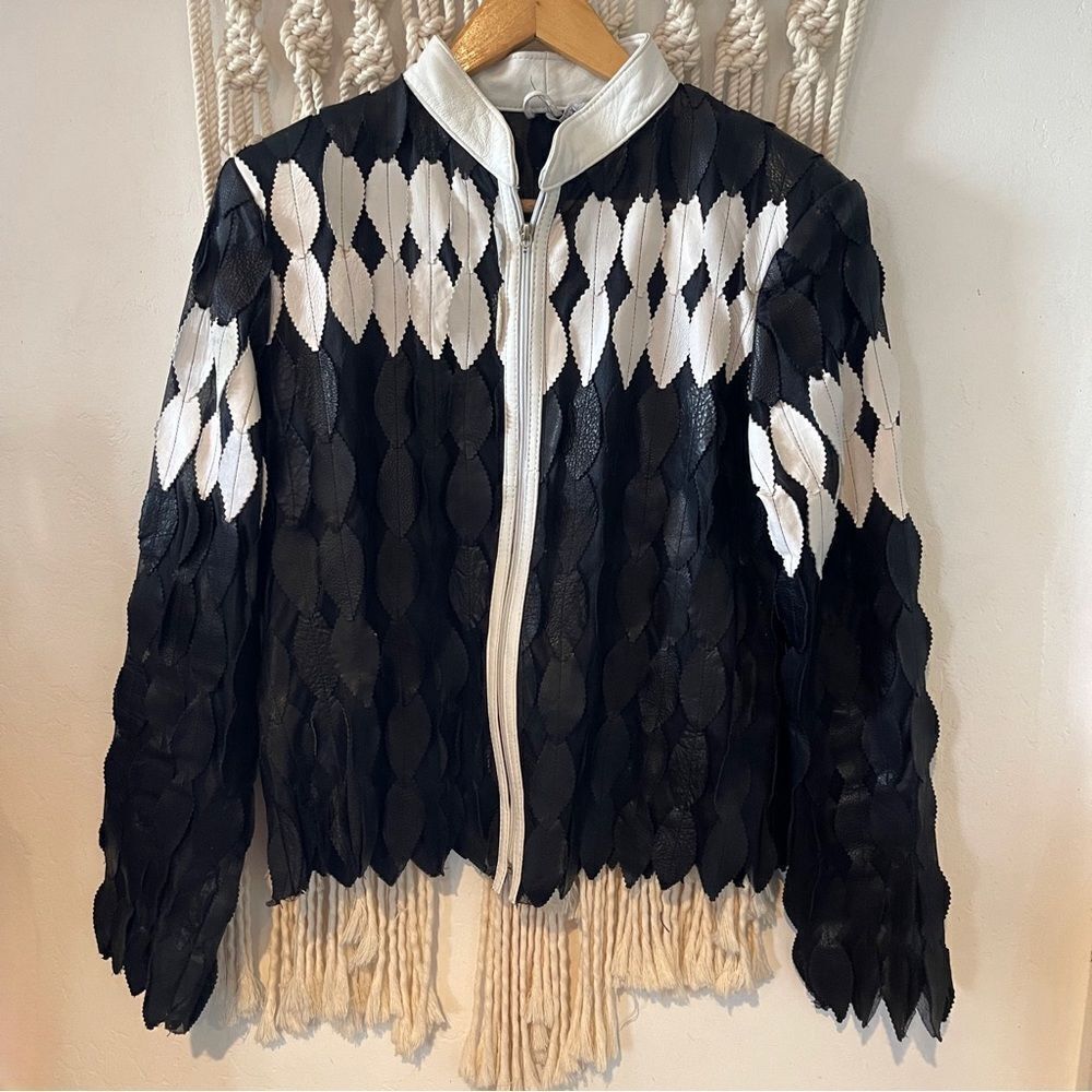 Black & White Leather Leaf Jacket SZ SM - Statement Harlequin Design Artsy Rock